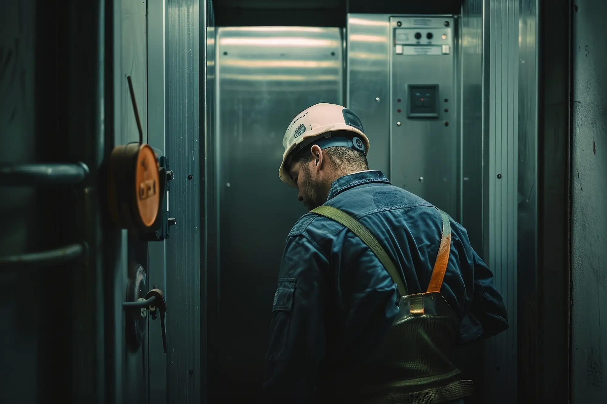 Technicien ascensoriste en intervention de maintenance sur un ascenseur